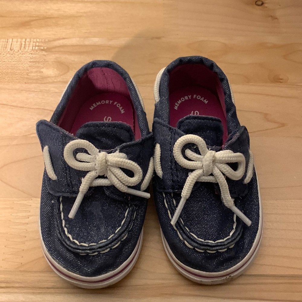 Sperry Topsiders Baby Sz 4 Denim and Pink Boat Shoes with Memory Foam Footbeds
